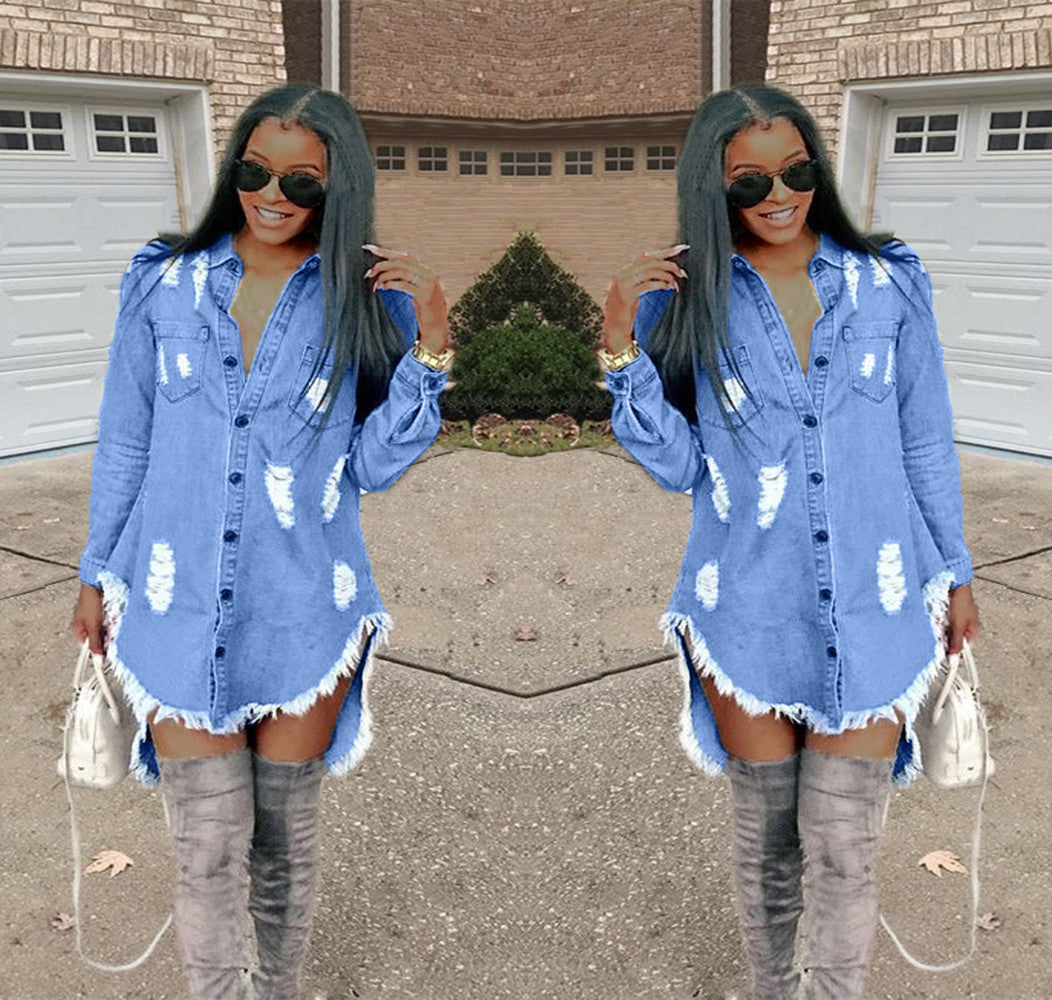 Short Ripped Denim Dress With Fringed Buttons