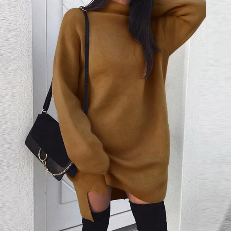 Loose knit turtleneck split dress female