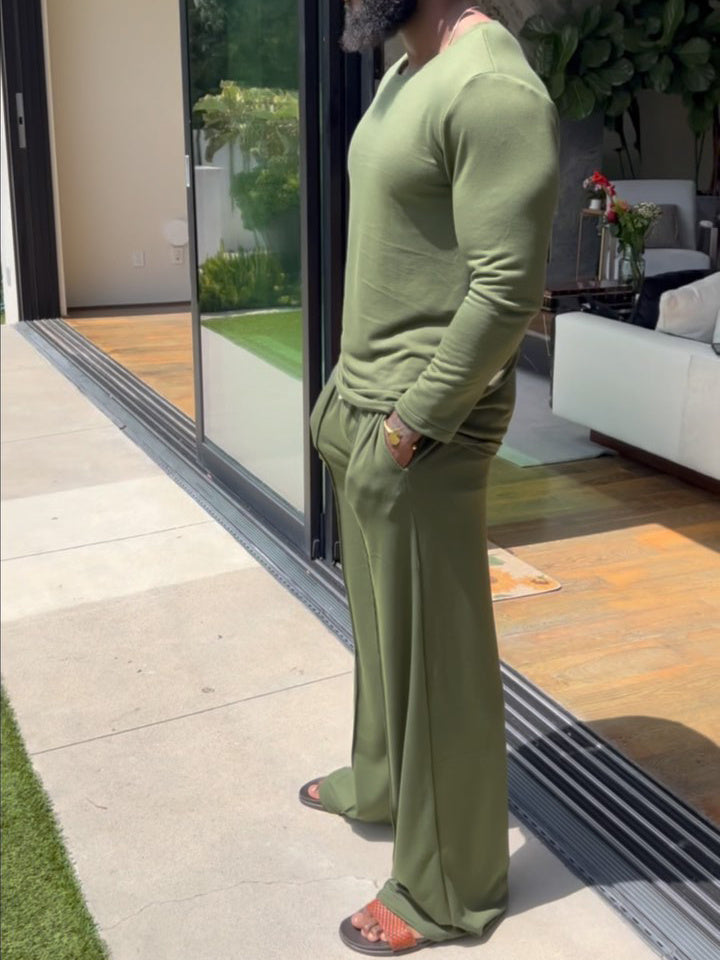Men's Casual Solid Color Long Sleeve Top & Pants Set