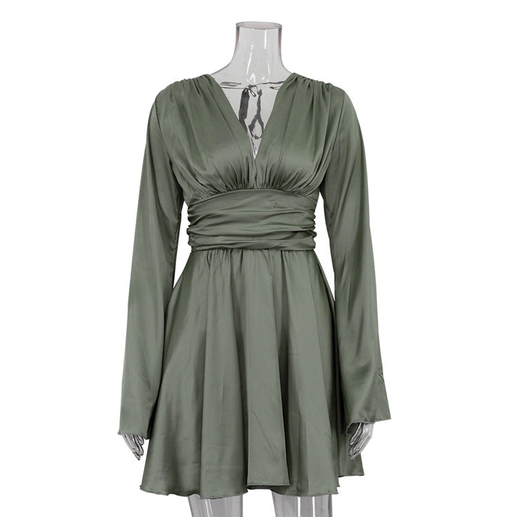 Female V-neck Fitted Waist Flare-sleeve Solid Color Backless French Dress