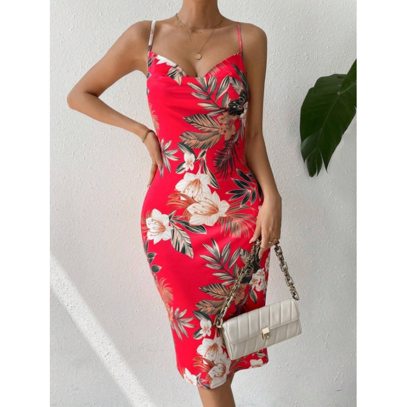 Women's Side Slit Printed Mid-length Sling Dress