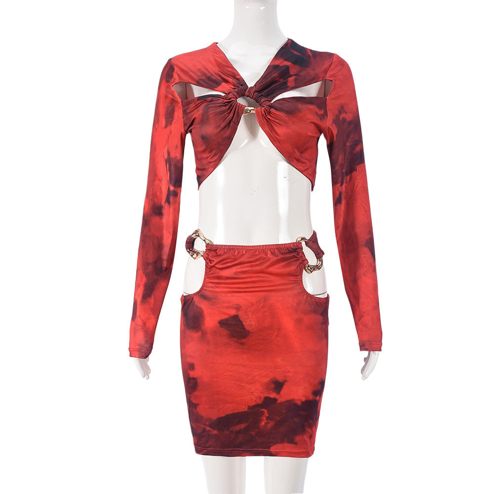 Midriff-baring Long Sleeve Short Skirt Eyelet Two-piece Set