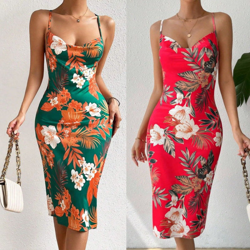 Women's Side Slit Printed Mid-length Sling Dress