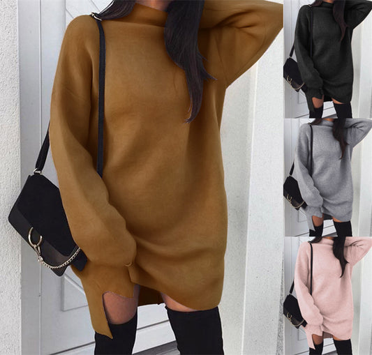 Loose knit turtleneck split dress female