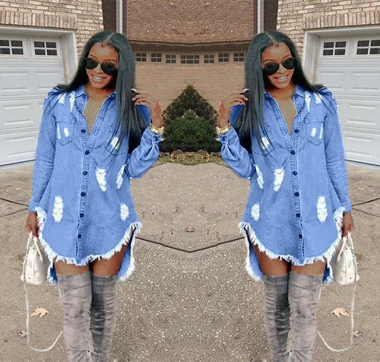 Short Ripped Denim Dress With Fringed Buttons