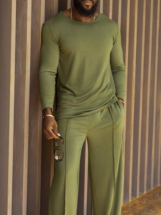 Men's Casual Solid Color Long Sleeve Top & Pants Set
