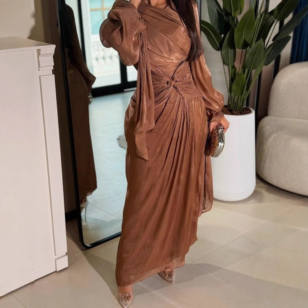 Pleated Ribbon Shiny Evening Dress