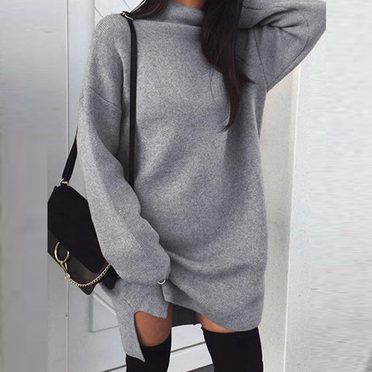 Loose knit turtleneck split dress female