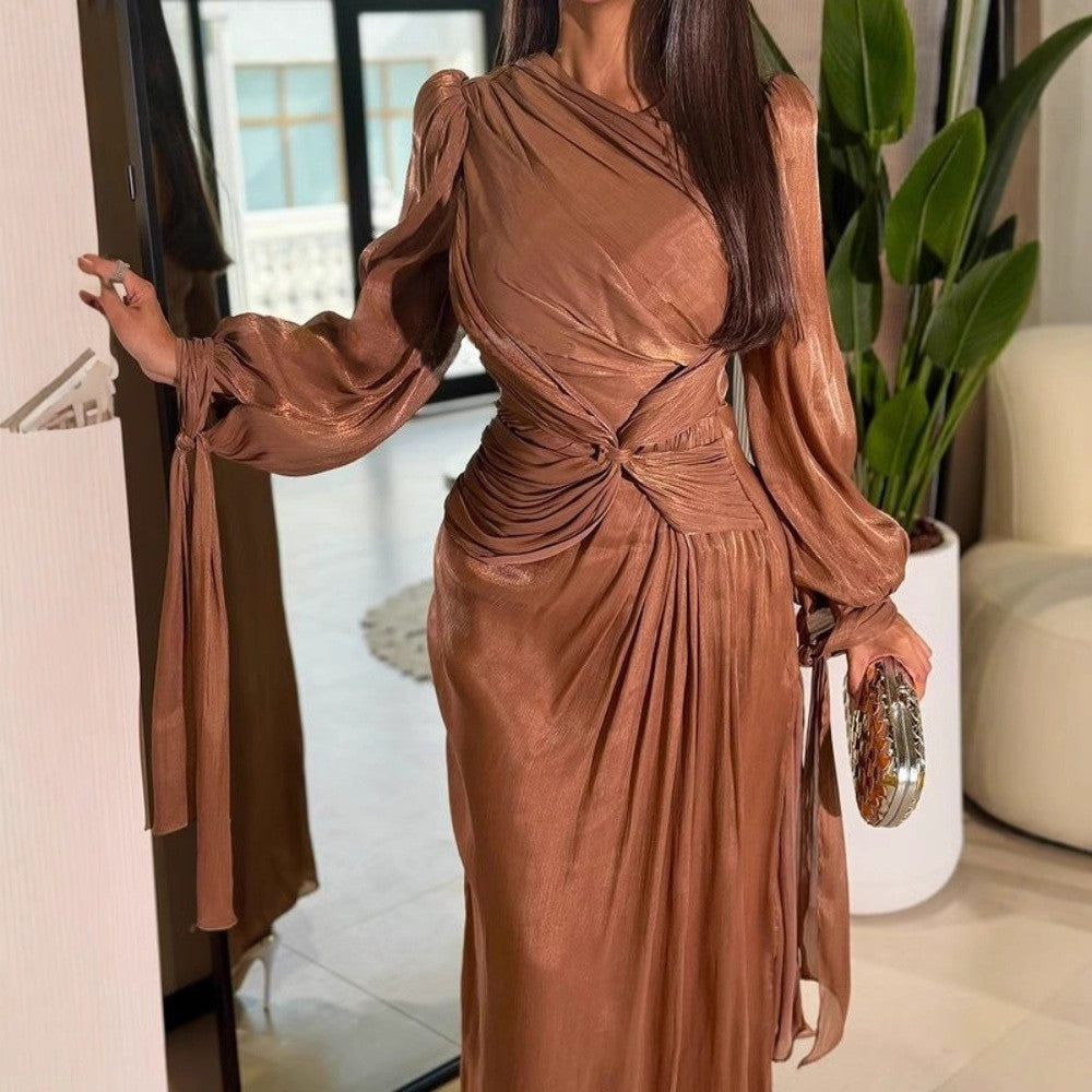 Pleated Ribbon Shiny Evening Dress