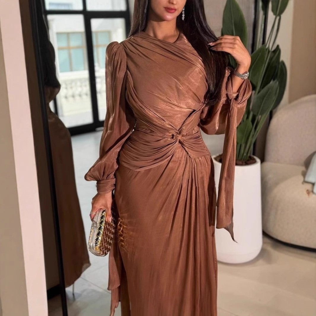 Pleated Ribbon Shiny Evening Dress