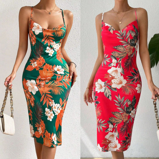 Women's Side Slit Printed Mid-length Sling Dress