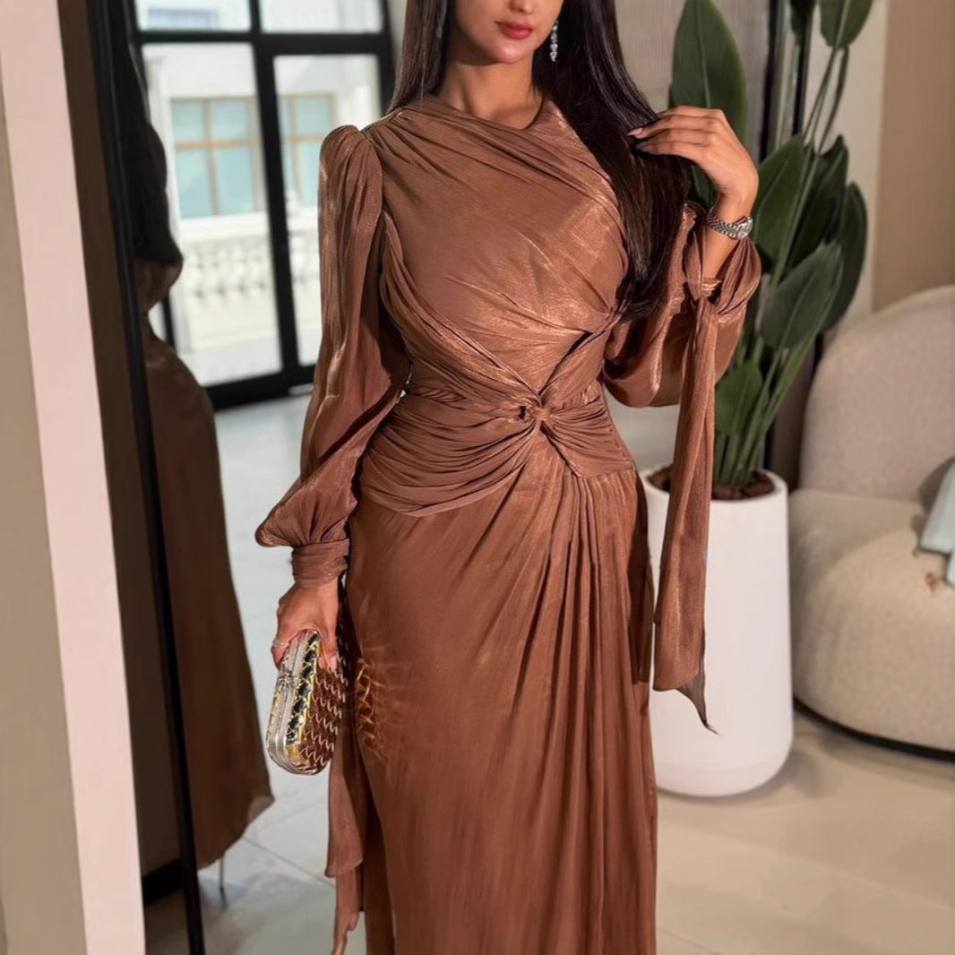 Pleated Ribbon Shiny Evening Dress